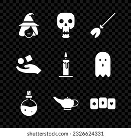 Set Witch, Skull, Witches broom, Bottle with love potion, Magic lamp or Aladdin, Playing cards, Cube levitating above hand and Burning candle candlestick icon. Vector