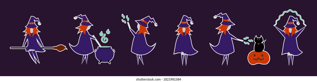 Set of witch stickers in different pose for Halloween. Costume for masquerade. Cute flat vector illustration on isolated background.