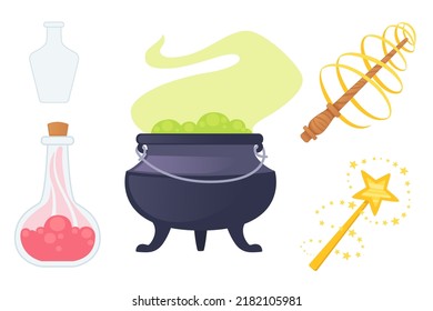 Set of witch tools for witchcrafting cauldron with magical brew magic wand and potion vector illustration isolated on white background