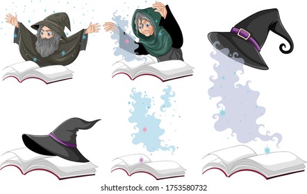 Set of witch or wizard magic hat on the book isolated on white background illustration