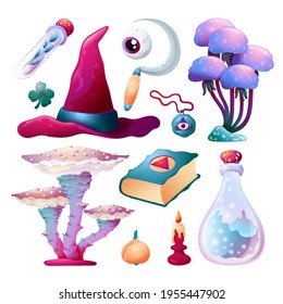 Set of witchcraft accessories with mushrooms vector illustration. Alchemy Collection with Magic Hat, Glass Poison Bottle, Sickle, Wizard Book, Candle, Eye and Test Tube. For Cartoon Game Concept