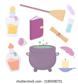 Set of witchcraft accessories  vector illustration. Collection with Magic, Glass Poison Bottle, Wizard Book, Candle.