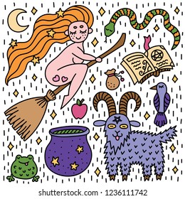 Set of witchcraft elements. Flying witch on broom. Goat, spellbook, snake, crown. Halloween collection. Hand-drawn doodles. Vector illustration.
