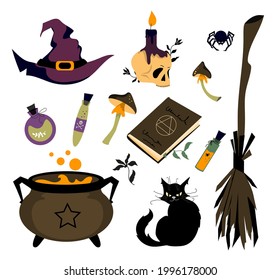 A set of witchcraft elements for a witch for Halloween. Elements for the design of packaging, postcards, posters. Clipart on a white background.