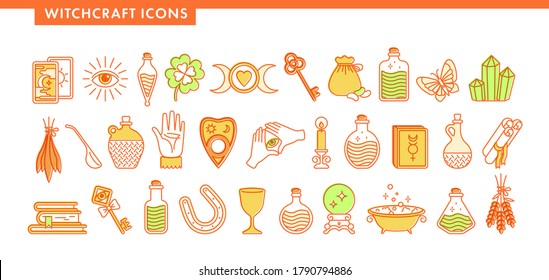 Auf Hexerei-Symbole eingestellt. Buchen, Becher, Kristall, Tarot-Karten, Schmetterling, Hufeisen, Mond, Zauberkugel, Bohnen, Lavendel, Flaschen mit Gift und Gift. Halloween. Rahmenvektorgrafik. 