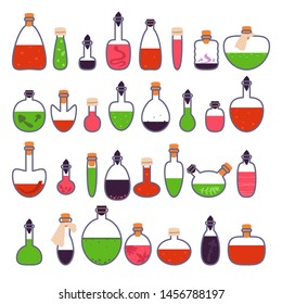 A set of witchcraft potions isolated on a white background. Vector illustration in the style of flat.