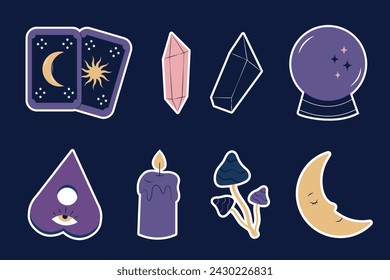 Conjunto de pegatinas de brujería. Elementos de dibujos animados esotéricos. El concepto de magia y hechicería. Ilustración de vector