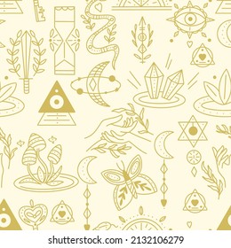 Set witchcraft symbols seamless pattern. Golden magical amulets and items for rituals and spells. Gold background for fabric, paper and product design vector illustration