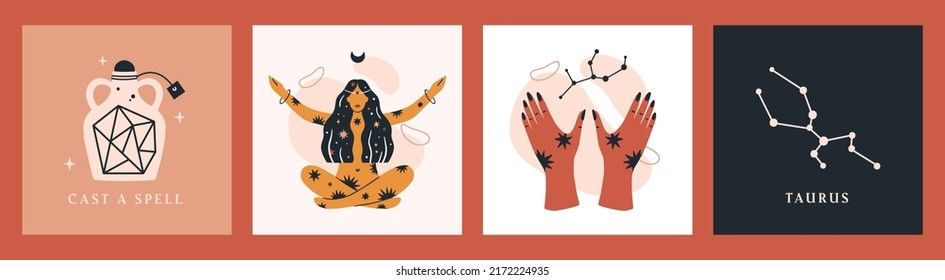 Set of witchcraft themed square cards templates. Spiritual collection hand drawn vector illustrations.