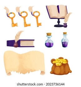 Set Witchcraft tools Magic Bottles with liquid potion, parchment scroll, quill, old books, gold keys and bag with treasure in cartoon style isolated on white background. alchemy asset
