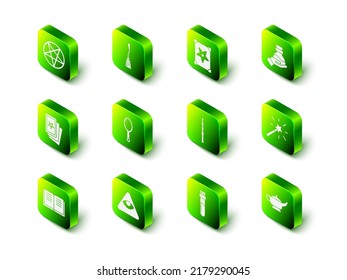 Set Witches broom, Ancient magic book, Bottle with potion, Magic wand, lamp or Aladdin,  and Masons icon. Vector