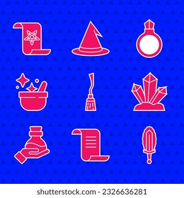 escoba de las brujas, libro de magia antigua, espada mágica en fuego, piedra, botella con poción, caldero, gema de anillo e ícono. Vector