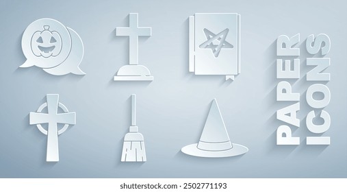 Set Witches broom, Ancient magic book, Tombstone with cross, hat,  and Pumpkin icon. Vector