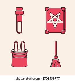 Set Witches broom, Bottle with love potion, Ancient magic book and Magician hat and rabbit ears icon. Vector