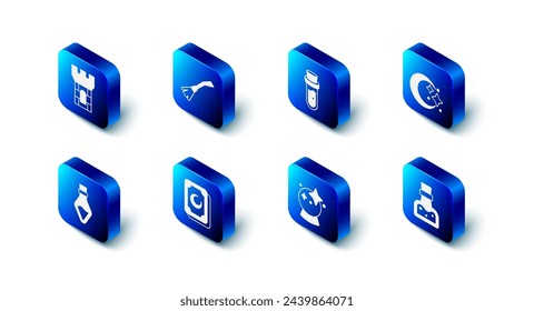 Set Witches broom, Bottle with potion, Moon and stars, Magic ball, Tarot cards,  and Castle tower icon. Vector