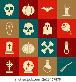 Set Witches broom, Bottle with potion, Eye, Flying bat, Skull, Coffin christian cross,  and Ghost icon. Vector