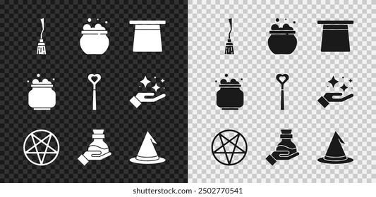 Set Witches broom, cauldron, Magic hat, Pentagram in circle, Bottle with potion,  and wand icon. Vector