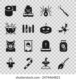 Set Witches broom, Eye in a jar, Flying bat, Spider, Garden fence wooden, Halloween witch cauldron, Toilet paper roll and Pumpkin icon. Vector