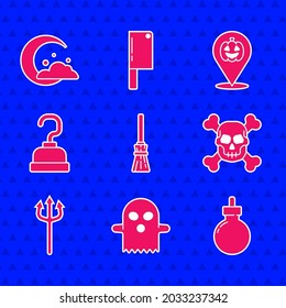 Set Hexen Besen, Geist, Bombe bereit zu explodieren, Schädel auf Kreuzknochen, Neptun-Trident, Pirate-Haken, Kürbis und Mond und Sterne-Symbol. Vektorgrafik
