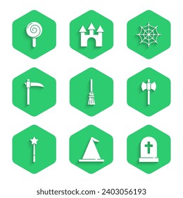 Set Witches broom, hat, Tombstone with cross, Wooden axe, Magic wand, Scythe, Spider web and Lollipop icon. Vector