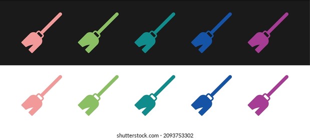 Set Witches broom icon isolated on black and white background. Happy Halloween party.  Vector