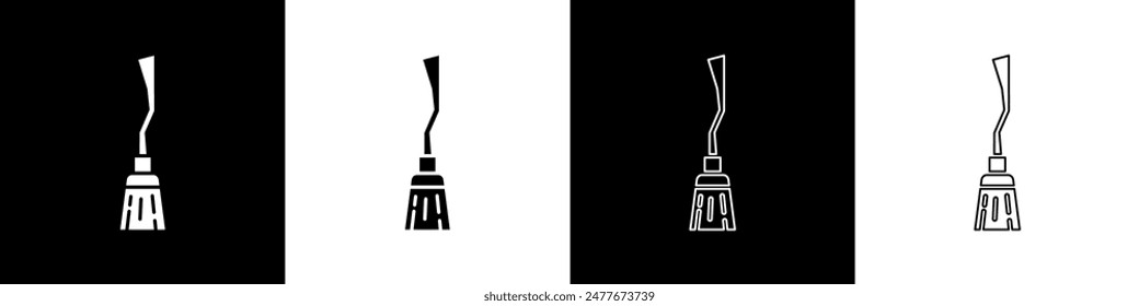 Set Witches broom icon isolated on black and white background. Happy Halloween party.  Vector