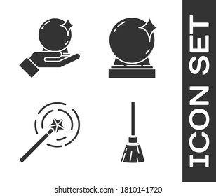 Set Witches broom, Magic ball on hand, Magic wand and Magic ball icon. Vector