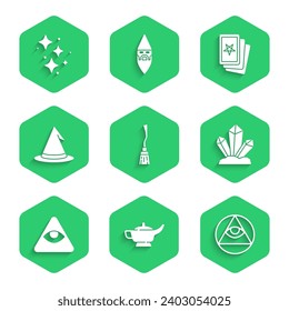 Set Witches broom, Magic lamp or Aladdin, Masons, stone, hat, Three tarot cards and Sparkle stars with magic icon. Vector