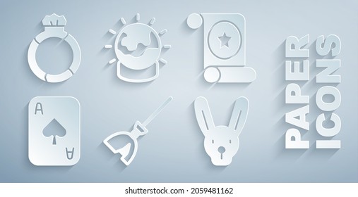 Set Witches broom, Magic scroll, Playing cards, Rabbit with ears, ball and stone ring gem icon. Vector