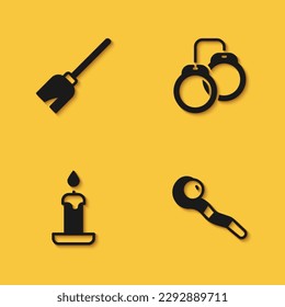 Set Witches broom, Magic staff, Burning candle and Handcuffs icon with long shadow. Vector