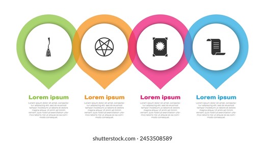 Set Witches broom, Pentagram in a circle, Ancient magic book and . Business infographic template. Vector