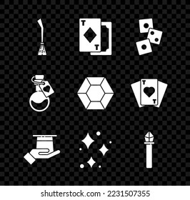 Set Witches broom, Tarjetas de juego, dados de juego, mano de sombrero mago, Estrellas con brillo mágico, personal, poción de amor de botella e icono de piedra. Vector