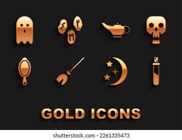 Set Witches broom, Skull, Bottle with love potion, Moon and stars, Magic hand mirror, lamp Aladdin, Ghost and runes icon. Vector