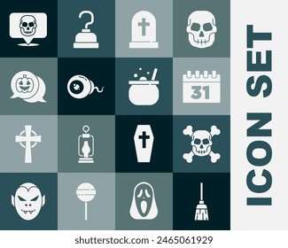 Set Witches broom, Skull on crossbones, Calendar with Halloween, Tombstone, Eye, Pumpkin,  and witch cauldron icon. Vector