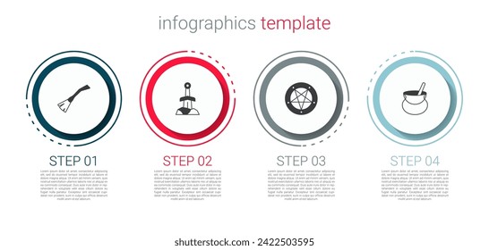 Set Hexen Besen, Schwert in den Stein, Pentagram ein Kreis und Kessel. Infografik-Vorlage für Unternehmen. Vektorgrafik