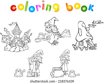 Set of witches and castles. Vector illustration for children. Coloring book