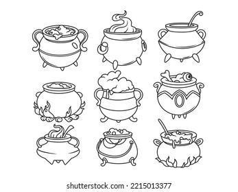 Set of witches cauldron. Collection of mythical witches black cauldron with boiling magic potion. Vector illustration of decorative element for Halloween. Magic design. Tattoo.