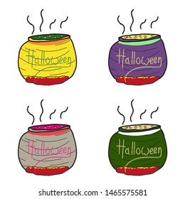 Set of Witches cauldron with potion isolated on background.