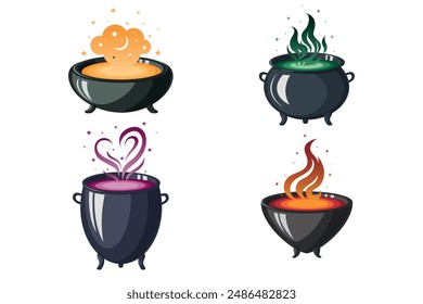 Set of witches cauldrons with boiling magic potions, poison and love elixir isolated on a white background. Black cast-iron cooking pot, camping boiler, iron witches cauldron with handle