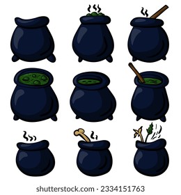 Set of witches cauldrons in cartoon style, magical pots for brewing potions vector illustration