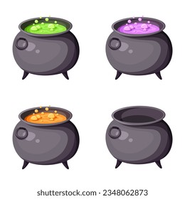 Set of witches cauldrons with colorful potions isolated on a white background. Vector illustraitons