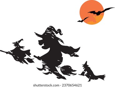 set of witches with a dark background of orange moon and bat, haunted night, fear, terror, suspense, haunted night and a lot of horror