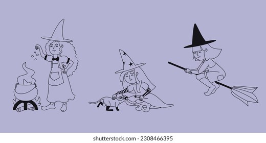 Set of witches in different poses. Halloween characters in outline style.