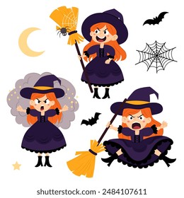 Set of witches in flat style on a white background. Halloween. Cartoon kids Halloween character. Funny little witch with a broom.