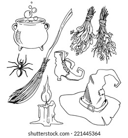 Set for witches. Hat, boiler, shoe, broom, spider, dried herbs and a candle. Hand-drawn design elements.