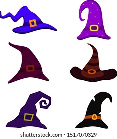 Set the witches hat is curved, Flat vector isolated illustration. Happy Halloween. Costume concept. October party. Collection cap
