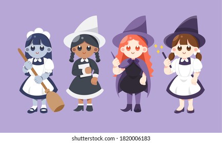 set of witches isolated vector illustration. Halloween cute witch character design. spooky maid with costume
