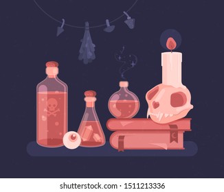 Set of witches. Magic potions, witching books, candles, skulls, decoctions, dried mushrooms and herbs. Flat vector illustration.