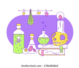 Set of witches. Magic potions, witching books, candles, skulls, decoctions, dried mushrooms and herbs. Flat vector illustration. Outline stroke is not expanded.