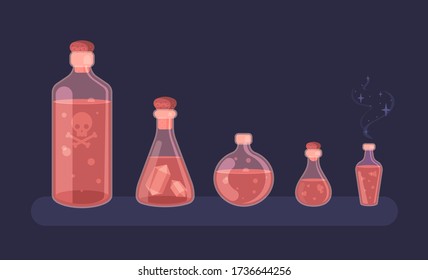 Set for witches magic ritual. Five different potion and poison bottles. Flat vector illustration.